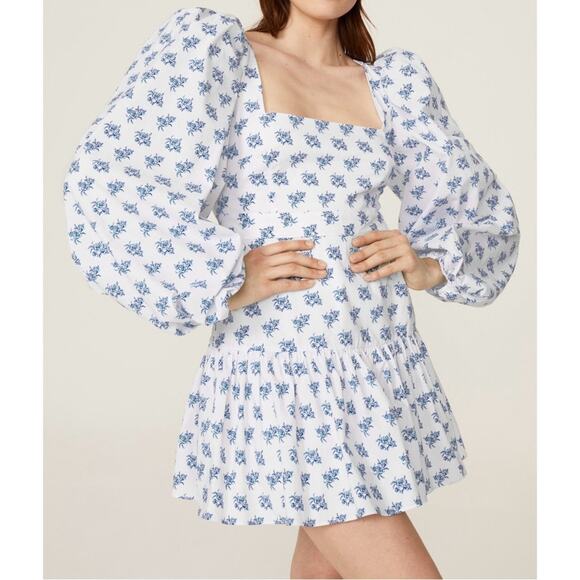 Caroline Constas Blue and White Julian Mini Dress Puffy Sleeves Women’s Size L - Picture 2 of 10
